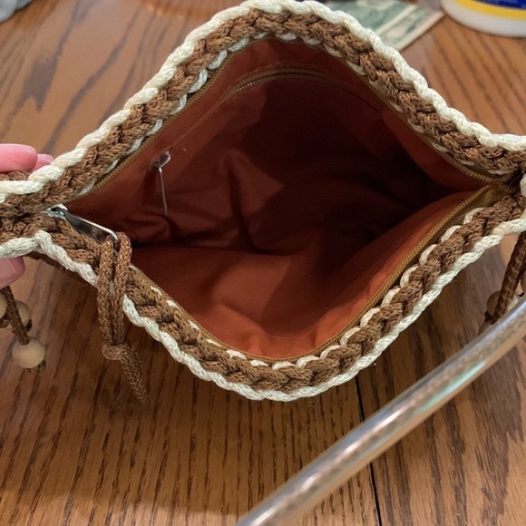 Macrame handbag  everyday use butterfly accents brown and pinks lined with strap - Picture 7 of 10